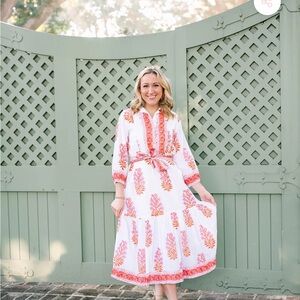 Victoria Dunn White Midi Dress with Pink and Coral Floral Print